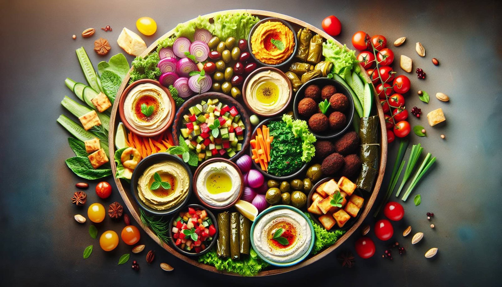 Share A Middle Eastern Mezze Platter With A Focus On Vegetarian Delights.