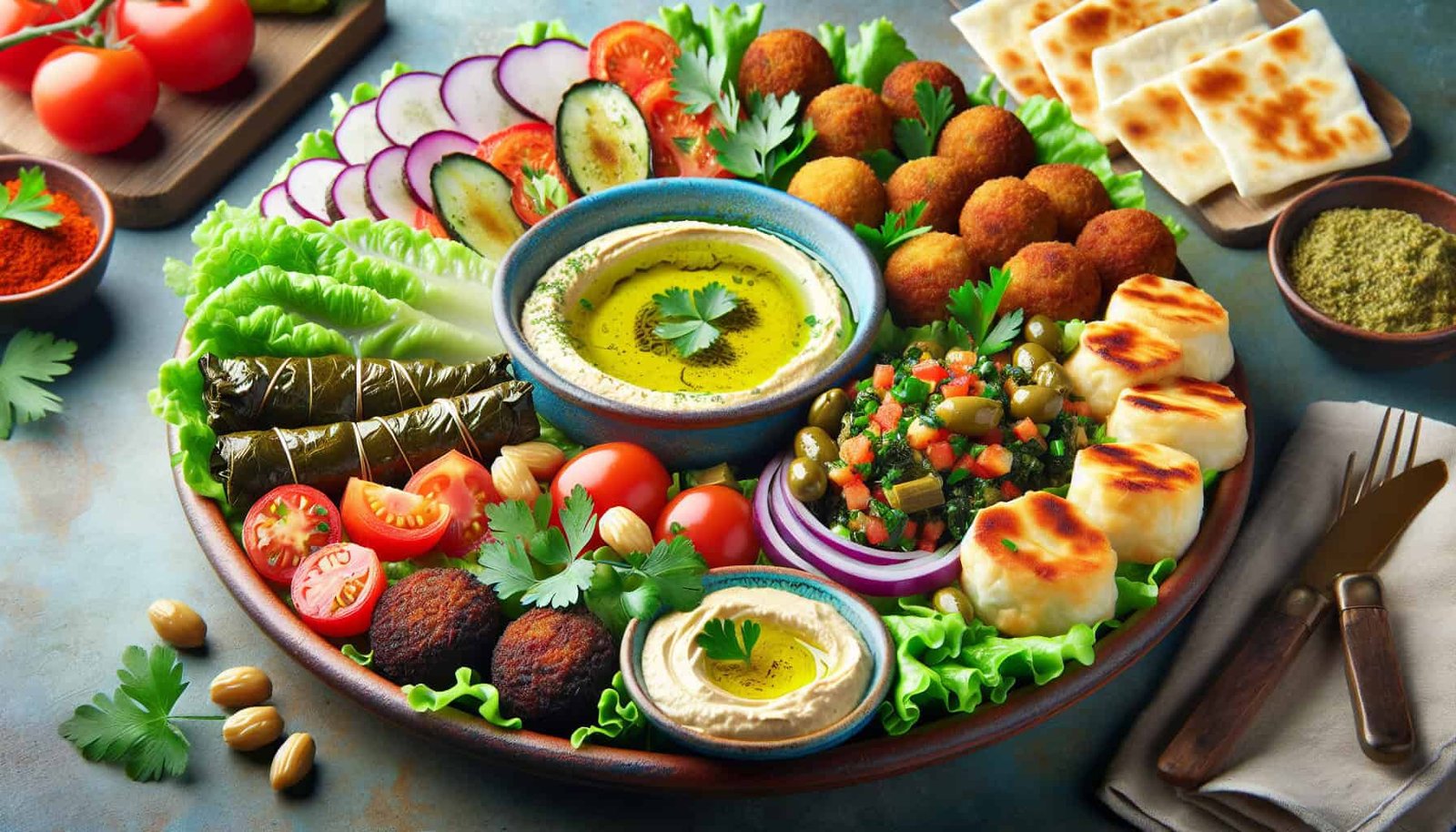 Share A Middle Eastern Mezze Platter With A Focus On Vegetarian Delights.