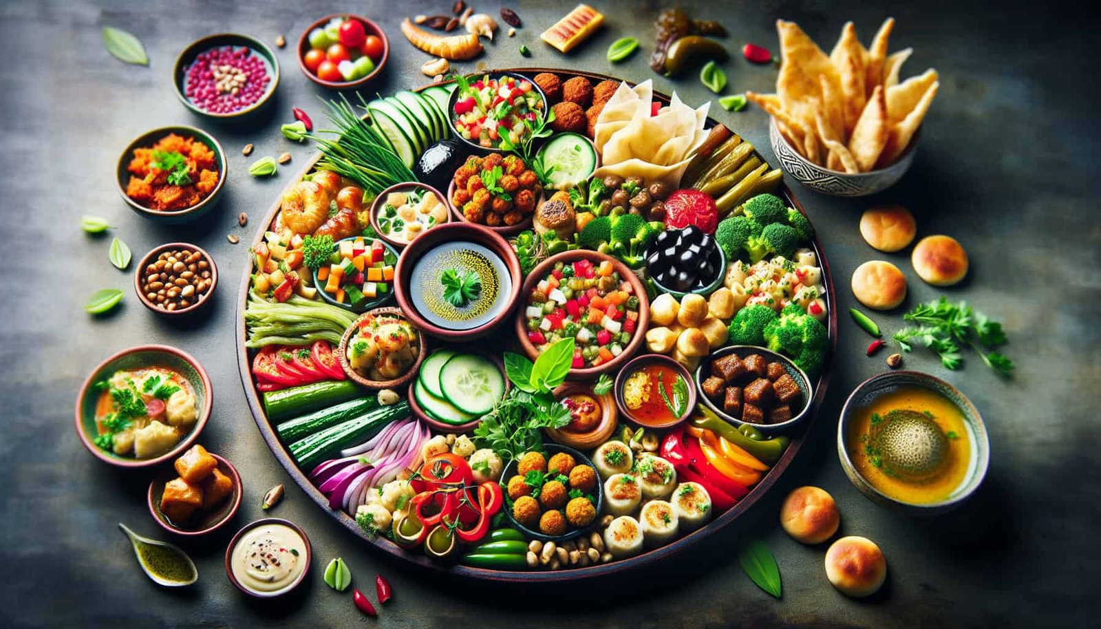Share A Middle Eastern Mezze Platter With A Focus On Vegetarian Delights. Share A Middle Eastern Mezze Platter With A Focus On Vegetarian Delights.